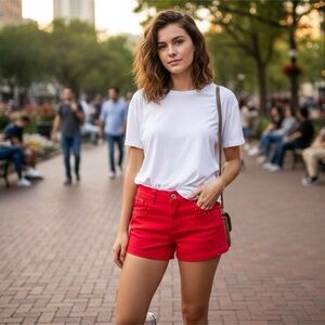 Stylish Red Jean Shorts with Studded Accents